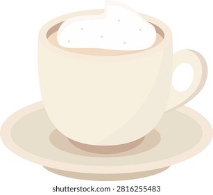 Vector illustration of a cup of white coffee or cappuccino topped with a fluffy dollop of whipped cream on a saucer