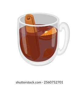 Vector illustration with a cup of winter or autumn drink in a glass mug. Image of hot tea with cinnamon, anise and oranges. Logo and icon for a coffee shop isolated on a white background