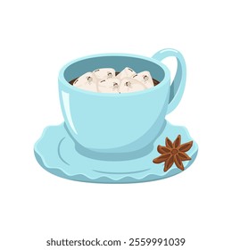 Vector illustration with a cup of winter drink in a blue mug. Image of hot chocolate with marshmallow and anise. Logo and icon for a coffee shop isolated on a white background.