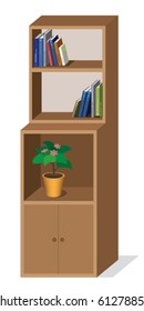 Vector illustration of cupboard with flower and books