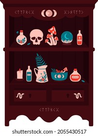 Vector illustration of cupboard with witchcraft esoteric magical objects.  Witch mystical items, skull, sphere, kandle, fly agaric, vial, witch hat, magic herbs. Flat illustrations for merch.