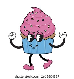 vector illustration of a cupcake in 1930s cartoon style, vintage animation drawing.