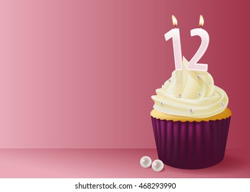 Vector illustration of cupcake with birthday candle 12.