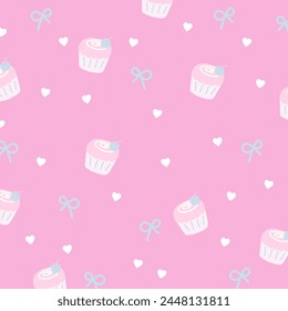 Vector illustration of cupcake, blue ribbon and heart on a pastel pink background for birthday party, wallpaper, sweet dessert, cafe, backdrop, fabric print, gift wrap, packaging, baking book cover