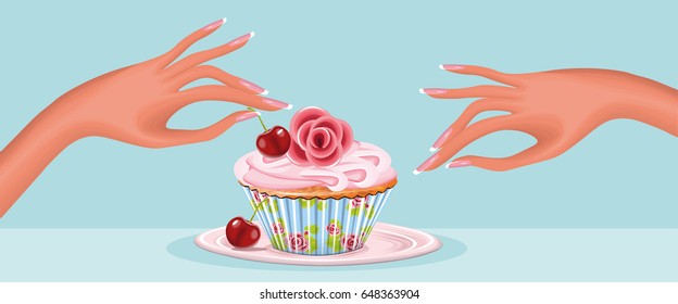 vector illustration with a cupcake with cherry and beautiful hands 