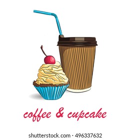 vector illustration of cupcake with cherry and coffee cup. EPS