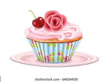 vector illustration with a cupcake with cherry on the plate