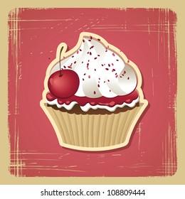 Vector illustration of cupcake with cherry. Vintage card.