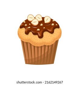 Vector illustration, cupcake with chocolate cream and hazelnut topping, isolated on white background, template design for national hazelnut cake day advertisement and banner.