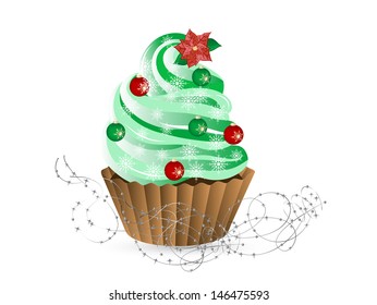 Vector illustration of cupcake as christmas tree