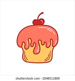 Vector illustration of a cupcake with cream and a cherry, an isolated element on a white background in a cartoon style. Illustration for cafes, menus, shops, icons, fabrics.