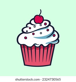 Vector illustration of a cupcake with cream and cherry on top