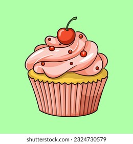 Vector illustration of a cupcake with cream and cherry on blue background