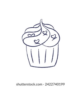 Vector Illustration of Cupcake with cream and hearts decor. Charcoal crayon hand drawn design. Isolated outline element on a white background