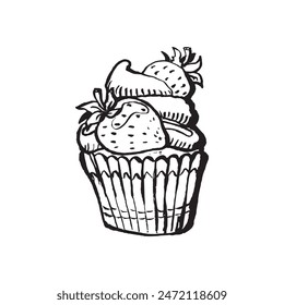 Vector illustration of a cupcake decorated with cream and strawberries. Sketch on a white background. Cute drawing for the menu, sweet snack. Dark contours.