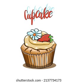 Vector illustration with a cupcake with flower and strawberry on the top isolated on white background in flat technique 