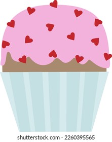 Vector illustration of cupcake with heart shaped sprinkles and pink cream in cartoon style. Vector icon of Valentins day muffin