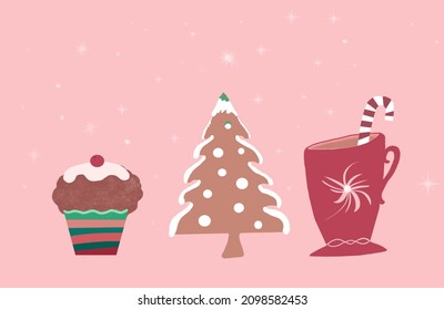 Vector Illustration of a cupcake, hot chocolate and gingerbread tree.  Winter sweets on a pink background.