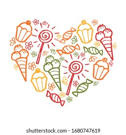Vector illustration of cupcake, ice cream, candy, lollipop. Hand drawn pattern for kid's, sweet, fabric  store or shop, café, bakery.  Background , frame, pattern, template, print