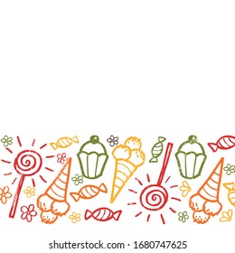 Dibujo vectorial de quequitos, helados, dulces, chupetes. Patrón dibujado a mano para niños, dulces, tienda de tela o tienda, café, panadería.  Fondo, marco, patrón, plantilla, impresión
