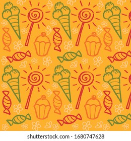 Dibujo vectorial de quequitos, helados, dulces, chupetes. Patrón dibujado a mano para niños, dulces, tienda de tela o tienda, café, panadería.  Fondo, marco, patrón, plantilla, impresión