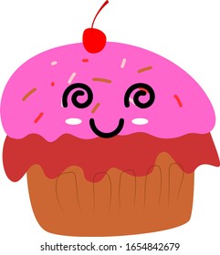Vector Illustration of Cupcake with Kawaii Cartoon Drunk Face Expression