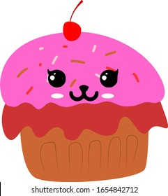Vector Illustration of Cupcake with Kawaii Cartoon Happy Cute Face Expression