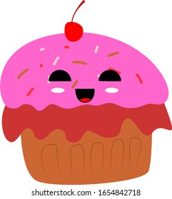 Vector Illustration of Cupcake with Kawaii Cartoon Happy Laugh Face Expression