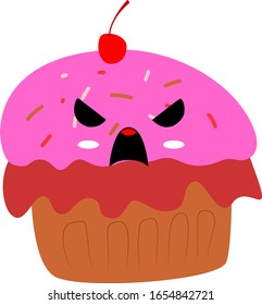 Vector Illustration of Cupcake with Kawaii Cartoon Scream Angry Face Expression