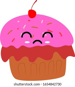 Vector Illustration of Cupcake with Kawaii Cartoon Straight Face Expression