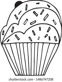 Vector illustration, cupcake, muffin, sketch, black lines. Cut coloring book.