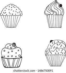 vector illustration, cupcake, muffin, sketch, black lines, set. Cut coloring book.