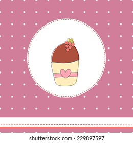 Vector illustration of cupcake on polka dot background. Vintage birthday card. 