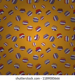 Vector illustration. Cupcake pattern background. Seamless.Cupcake vector pattern. Happy birthday cupcake background in yellow, purple and white. Muffin.