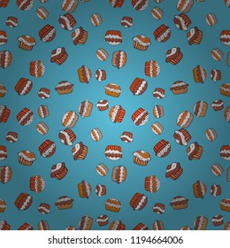 Vector illustration. Cupcake pattern. Seamless of hand drawn vintage cute cupcakes and muffins. Nice birthday pattern on blue, white and orange.