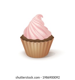 Vector illustration cupcake with pink whipped cream on white background. Isolated clipart with one sweet cake