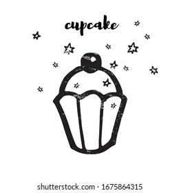 Vector illustration of cupcake and star for decoration, card, poster, invitation, site, icon. Graphic elements for kid’s, , candy, textile, fashion shop.