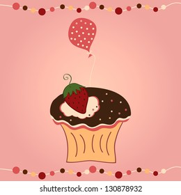 Vector illustration of cupcake with strawberry and balloon on pink background