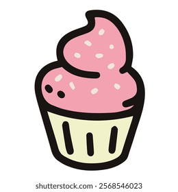 vector illustration of cupcake with strawberry cream and white chocolate sprinkle, sweet dessert cartoon drawing, isolated on white background