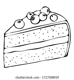 ilustración vectorial, quequitos, caramelos, trozo de tarta, en forma de doodle, en dibujo lineal y negro, aislado sobre fondo blanco
