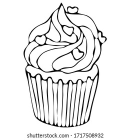 vector illustration, cupcake, sweets, cake piece, in doodle style in black, linear drawing, isolate on a white background