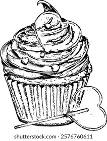 Ilustração vetorial de cupcake com chantilly redemoinho, coração de caramelo e pequenas decorações de doces. Perfeito para o projeto do Dia dos Namorados, panificação de aniversário, tema de casamento, decoração de padaria, pastelaria