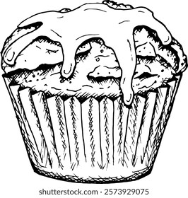 Vector illustration of a cupcake topped with dripping glaze. Hand-drawn in black-and-white, perfect for festive bakery menus, dessert branding, Valentine s Day cards and creative culinary project