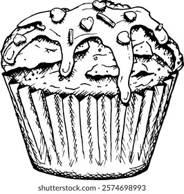 Vector illustration of a cupcake topped with with dripping glaze, icing and sprinkles in the shape of a heart. Hand-drawn in black-and-white, perfect for festive bakery menus, dessert branding,