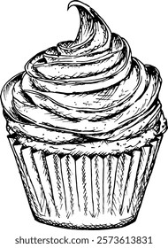 Vector illustration of a cupcake topped with whipped cream swirl. Hand-drawn in black-and-white, perfect for festive bakery menus, dessert branding, Valentine s Day cards and creative culinary project