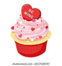 Vector illustration of cupcake for valentine's day. Muffin with hearts decoration in trendy minimalist style. 