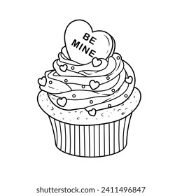 Vector illustration of cupcake for valentine's day.Doodle sketch of brownie with hearts decoration. Colouring book page