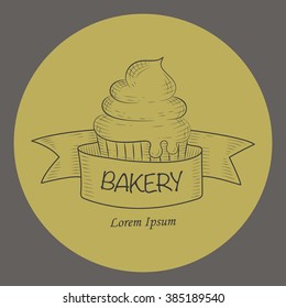 Vector illustration of cupcake. Vintage background for restaurant or bar menu.  Hand drawn design for bakery shop, greeting or invitation card. 
