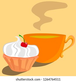 vector illustration of cupcake with white cream and green hot tea in orange mug