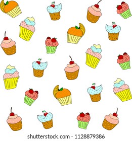 
vector illustration of cupcakes, cakes, pastries, desserts with cream, cherry, strawberry, chocolate and sprinkling, bright colors, colorful, shiny, patern, children's illustration, cartoon picture